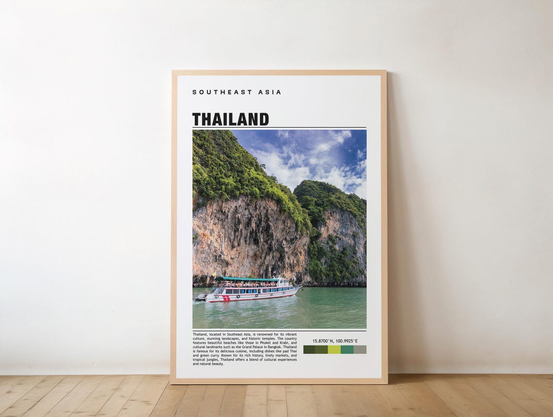 Thailand Limestone Cliffs Tour Boat Emerald Sea Travel Poster