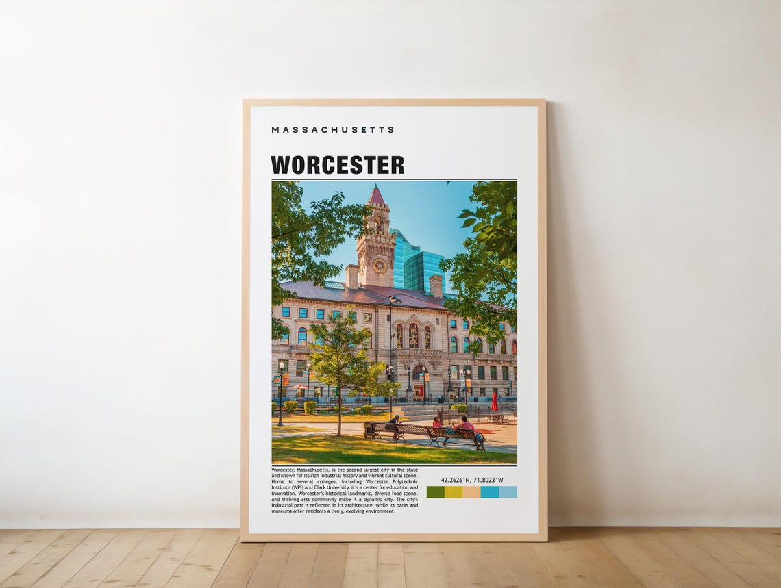Worcester Massachusetts Travel Poster Featuring Historic Clock Tower