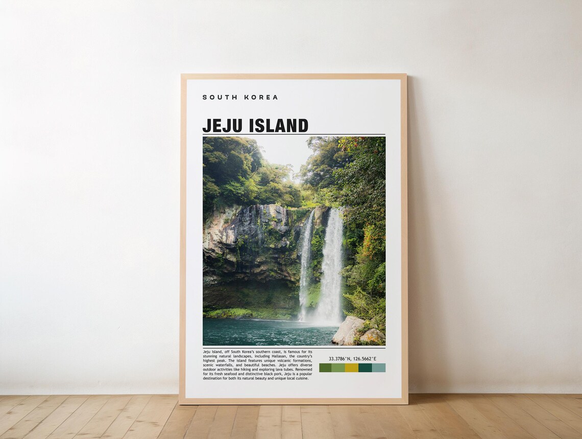 Jeju Island Waterfall Lush Cliffs South Korea Photo Travel Poster