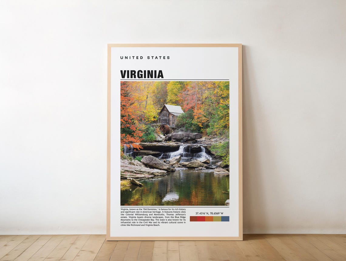 Virginia Watermill Waterfall Autumn Scene Minimalist Travel Print