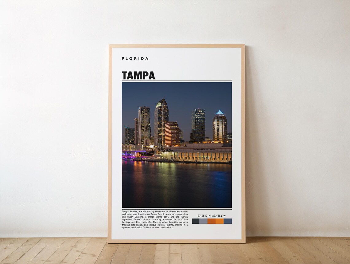 Tampa Florida Night Skyline Bay Reflections Photography Travel Poster