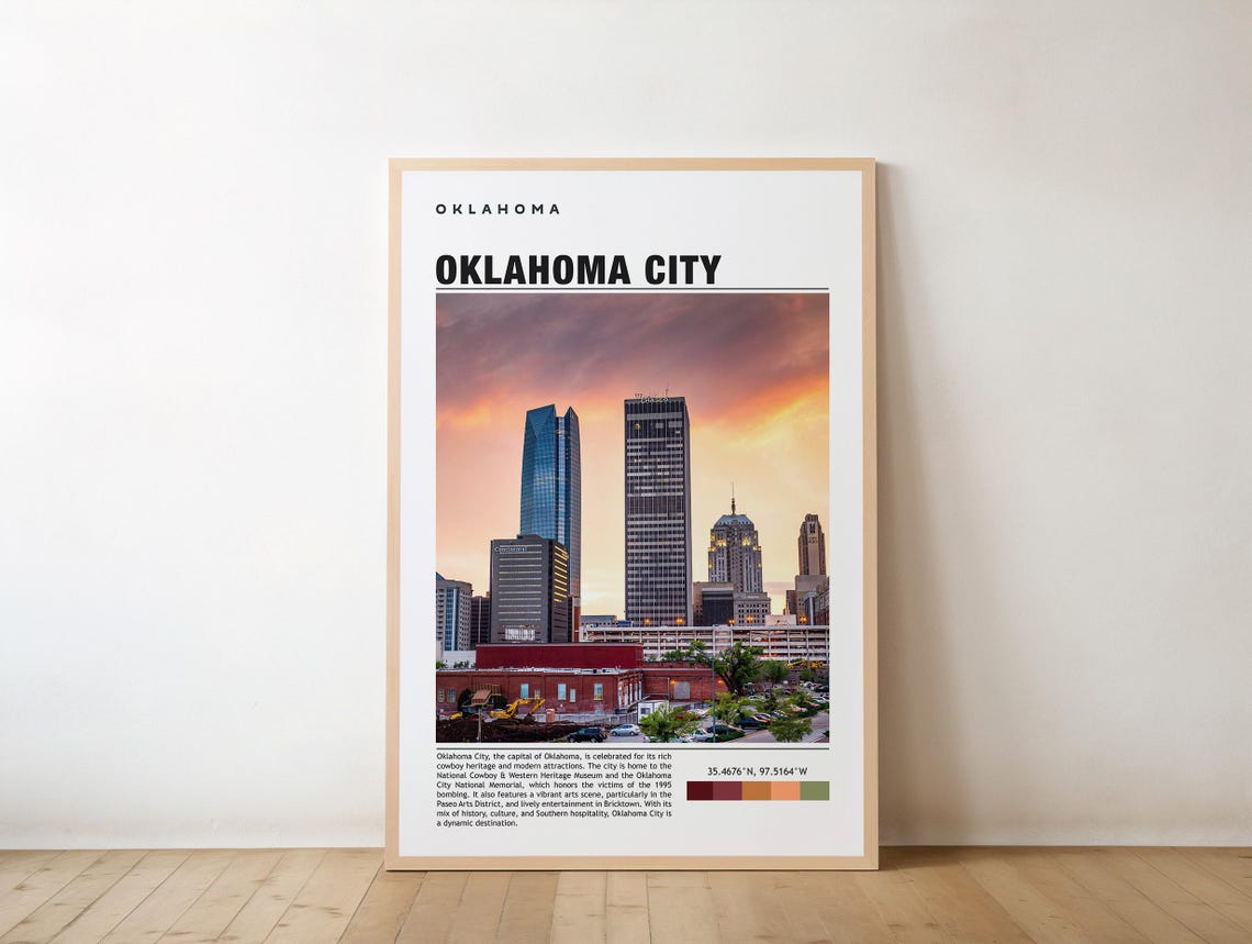 Oklahoma City Sunset Skyline Downtown Towers Travel Guide Poster