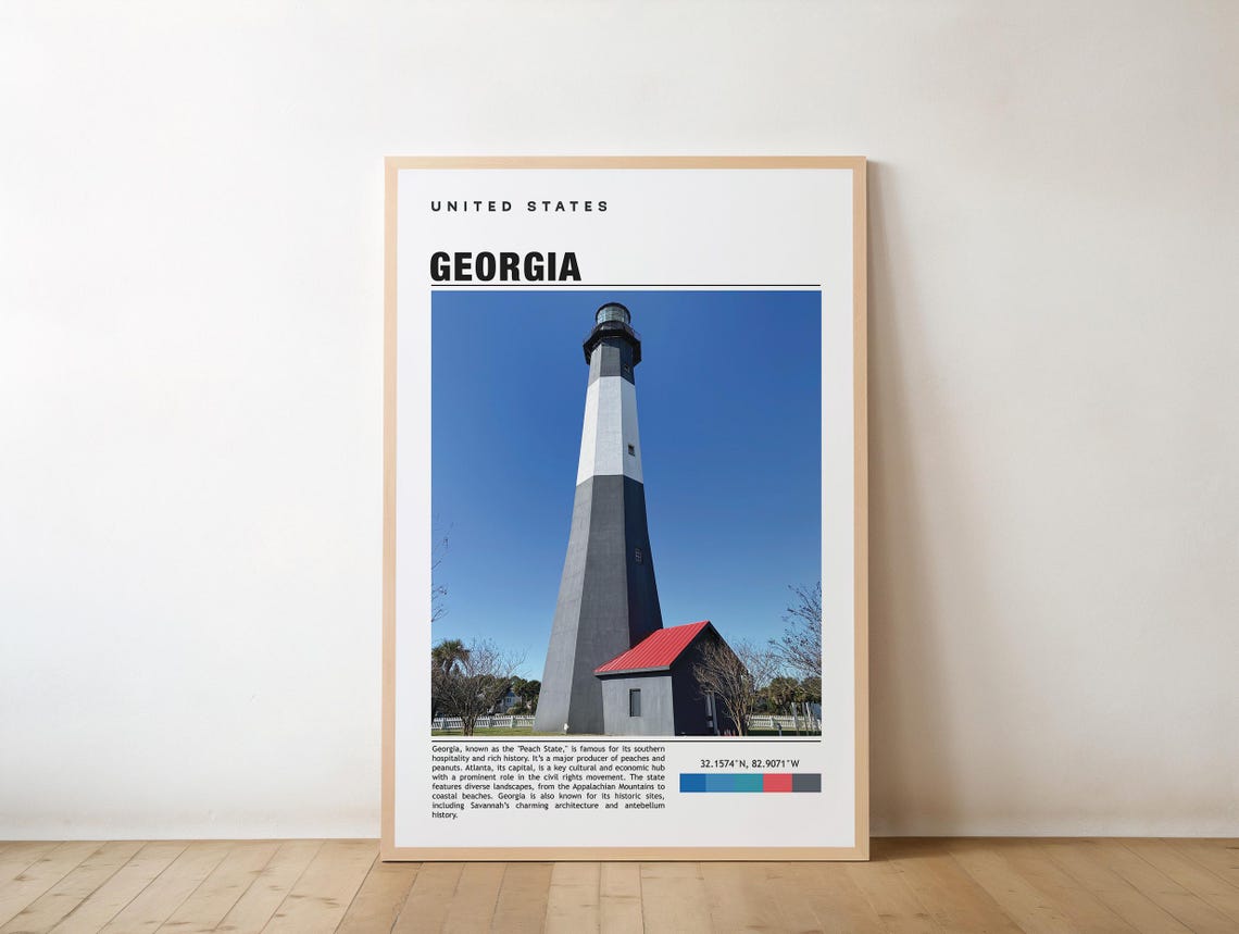 Georgia Striped Lighthouse Blue Sky Photo Travel Art Gift Poster