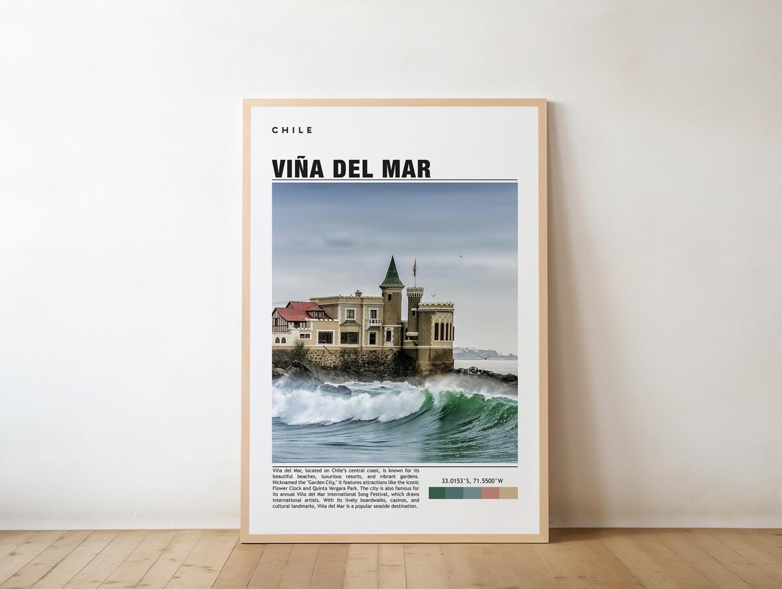 Viña del Mar Chile Coastal Castle Waves Travel Poster Photo Art