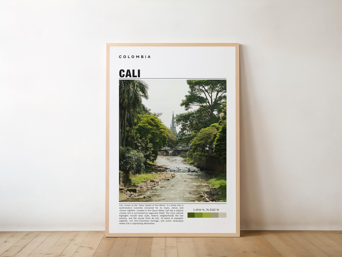 Cali Colombia Riverside Promenade Church Spire Travel Poster