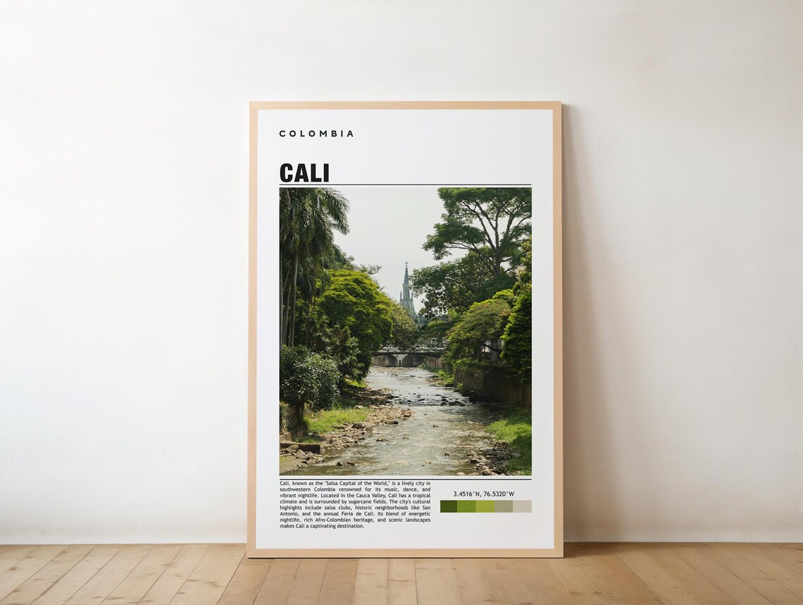 Cali Print Travel Poster Colombian Art Salsa Capital Scenic Views Vibrant Culture Historic Landmarks Andean Charm Tropical Beauty