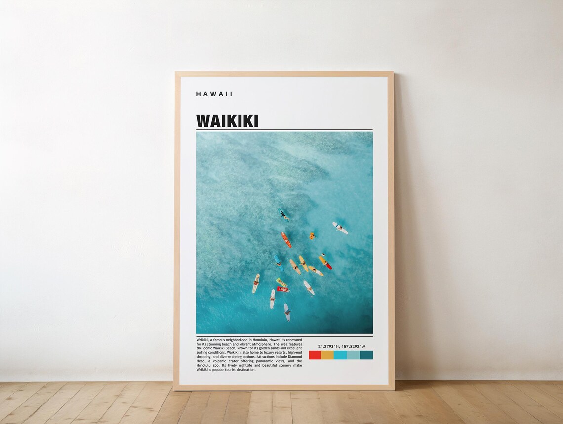 Waikiki Hawaii Aerial Surfers Turquoise Water Beach Travel Poster