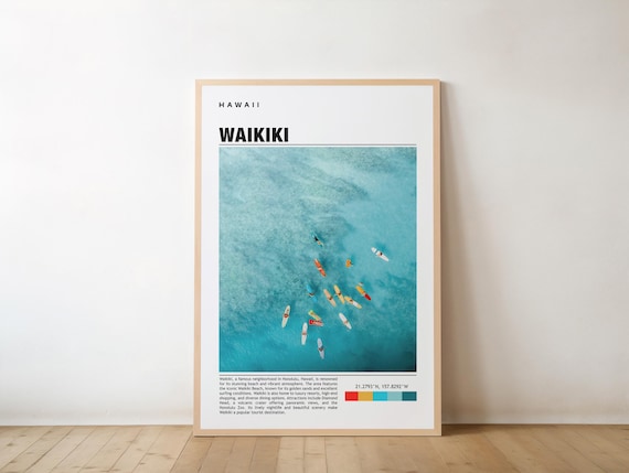 Waikiki Hawaii Aerial Surfers Turquoise Water Beach Travel Poster
