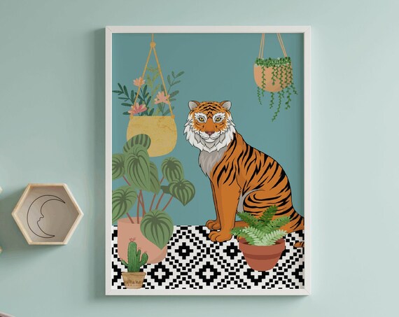 Whimsical Tiger Among Houseplants Modern Boho Nursery Decor Poster