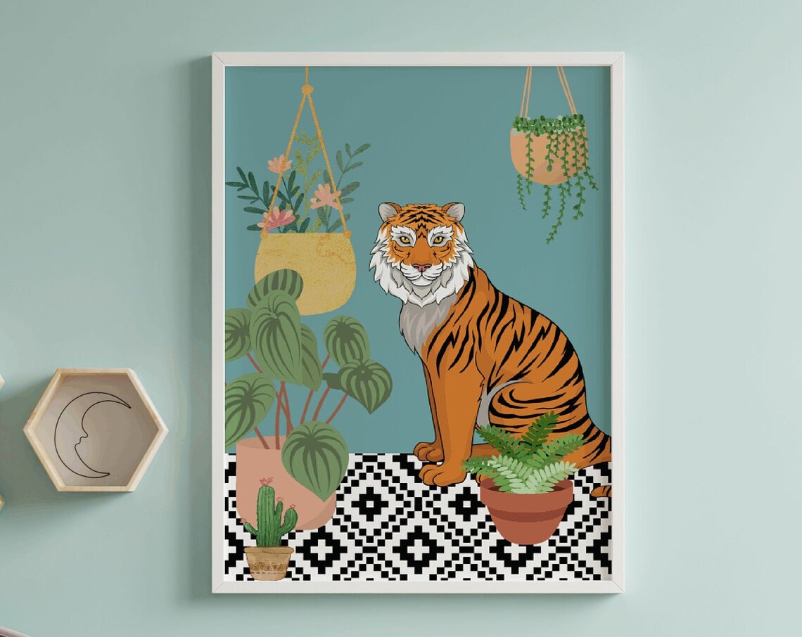 Whimsical Tiger Among Houseplants Modern Boho Nursery Decor Poster