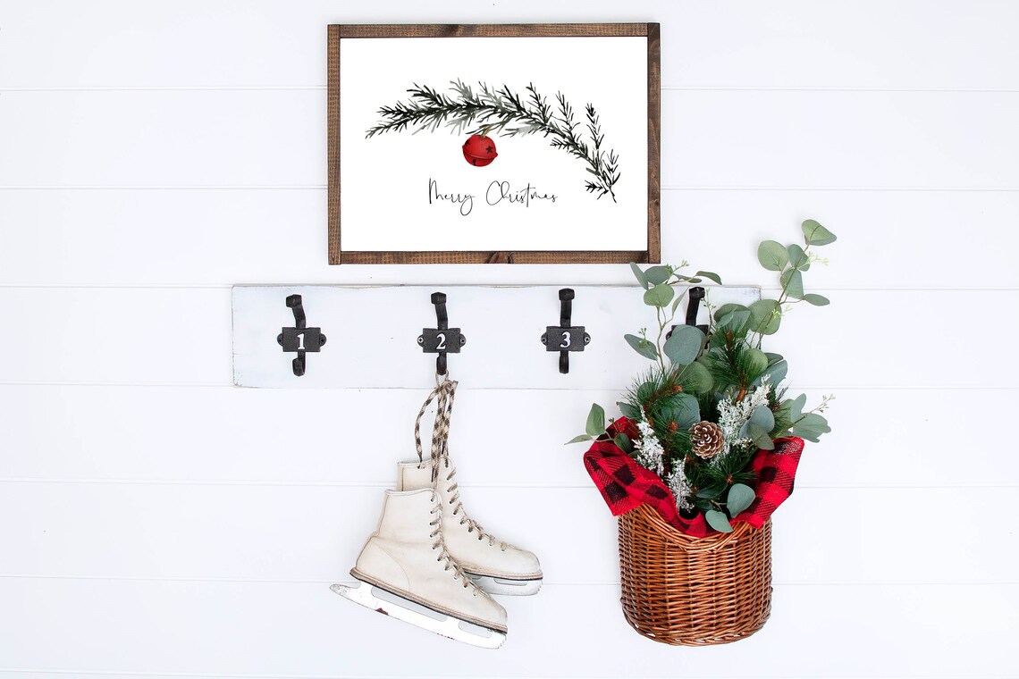 Merry Christmas Evergreen Branch Red Jingle Bell Watercolor Poster - Image 3