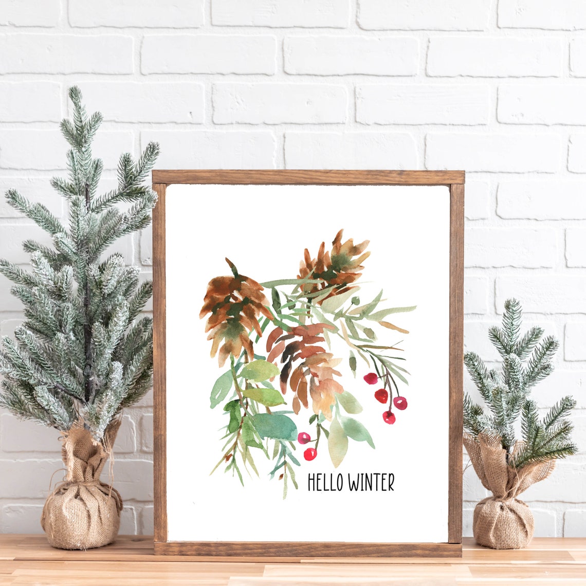 Hello Winter Pine Cone Eucalyptus Berry Watercolor Botanical Poster - Image 9