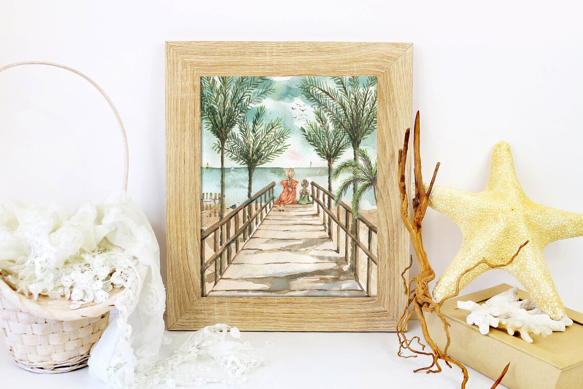 Girls On Boardwalk Palm Trees Beach Watercolor Seaside Wall Art - Image 3
