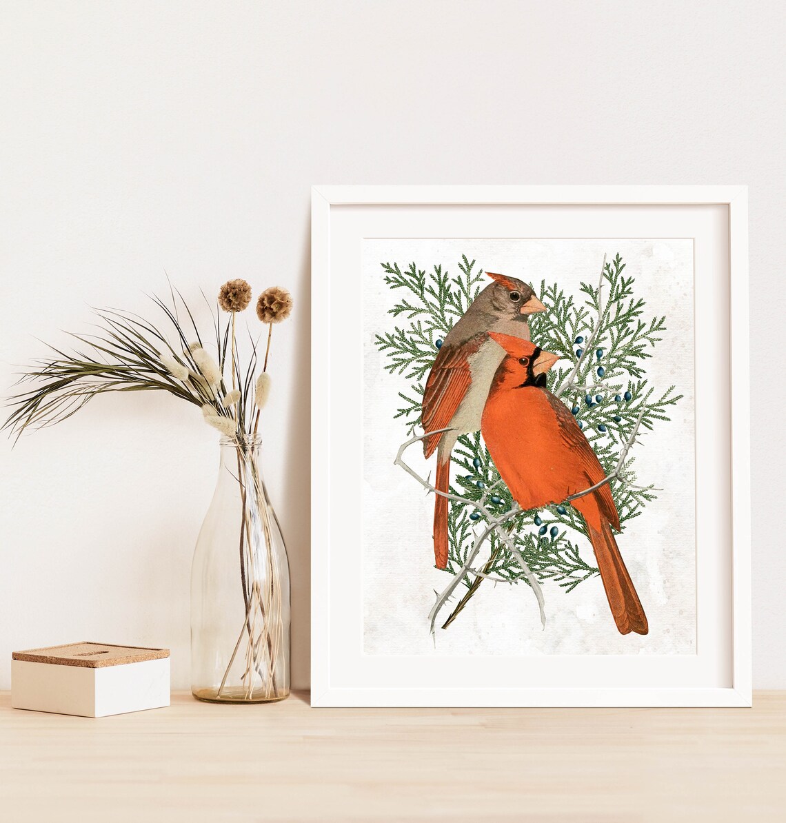 Male And Female Cardinals On Juniper Branch Vintage Bird Wall Art - Image 3
