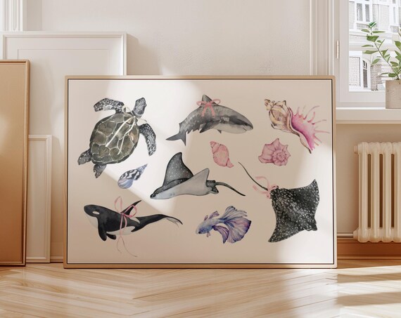 Sea Animal Coquette Watercolor Print Coastal Aesthetic Summer Dolphin Bow Poster Whale Seal Shell Orca Fish Wall Art Trendy Beach Print