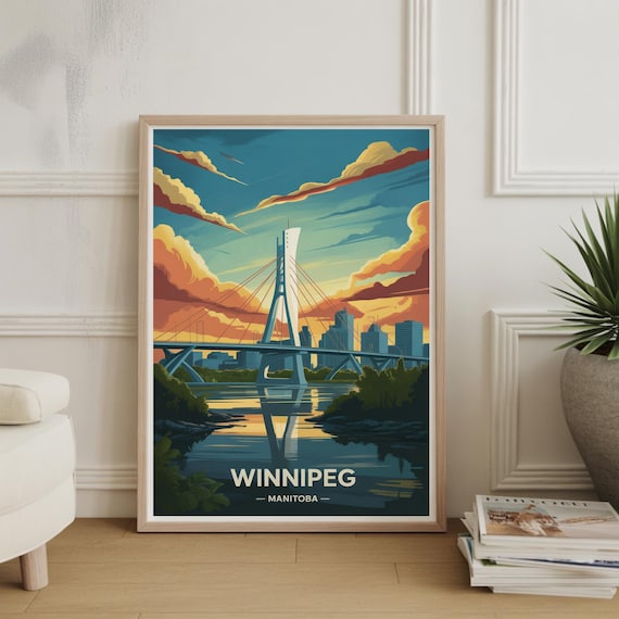 Winnipeg Manitoba Cable Stayed Bridge Sunset Travel Vintage Style Poster