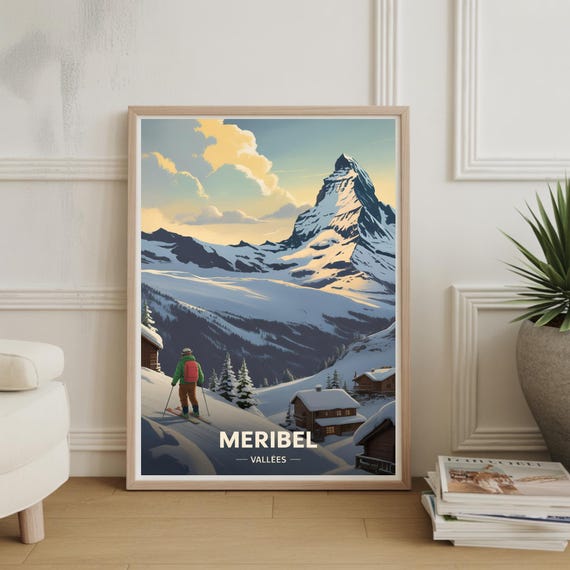 French Alps Ski Resort Travel Poster Meribel Mottaret Retro Mountain Art Skiing Snowboarding Wall Decor Home Office Artwork
