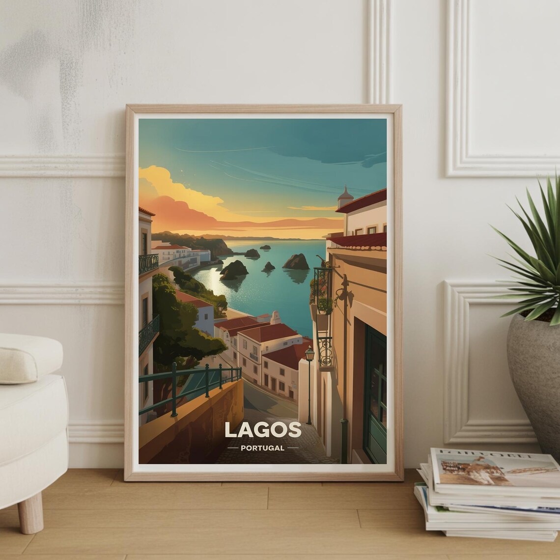 Lagos Portugal Vintage Travel Art Algarve Sunset Coast Town Poster