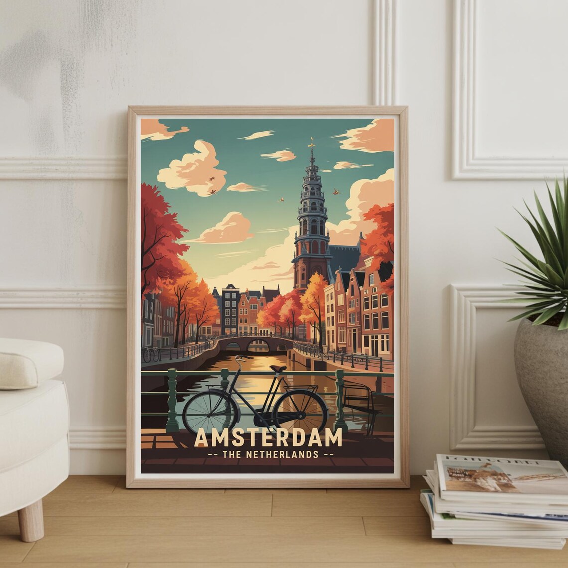 Amsterdam Canal Bicycle Autumn Old Town Cityscape Travel Poster
