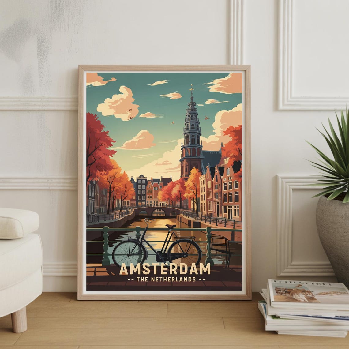 Amsterdam Travel Poster Cityscape Wall Art European Destination Decor Wanderlust Gift