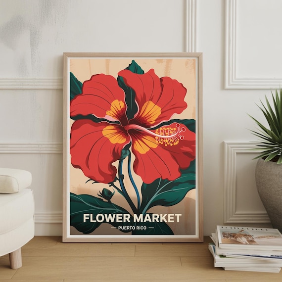 Puerto Rico Flower Market Red Hibiscus Botanical Vintage Art Poster