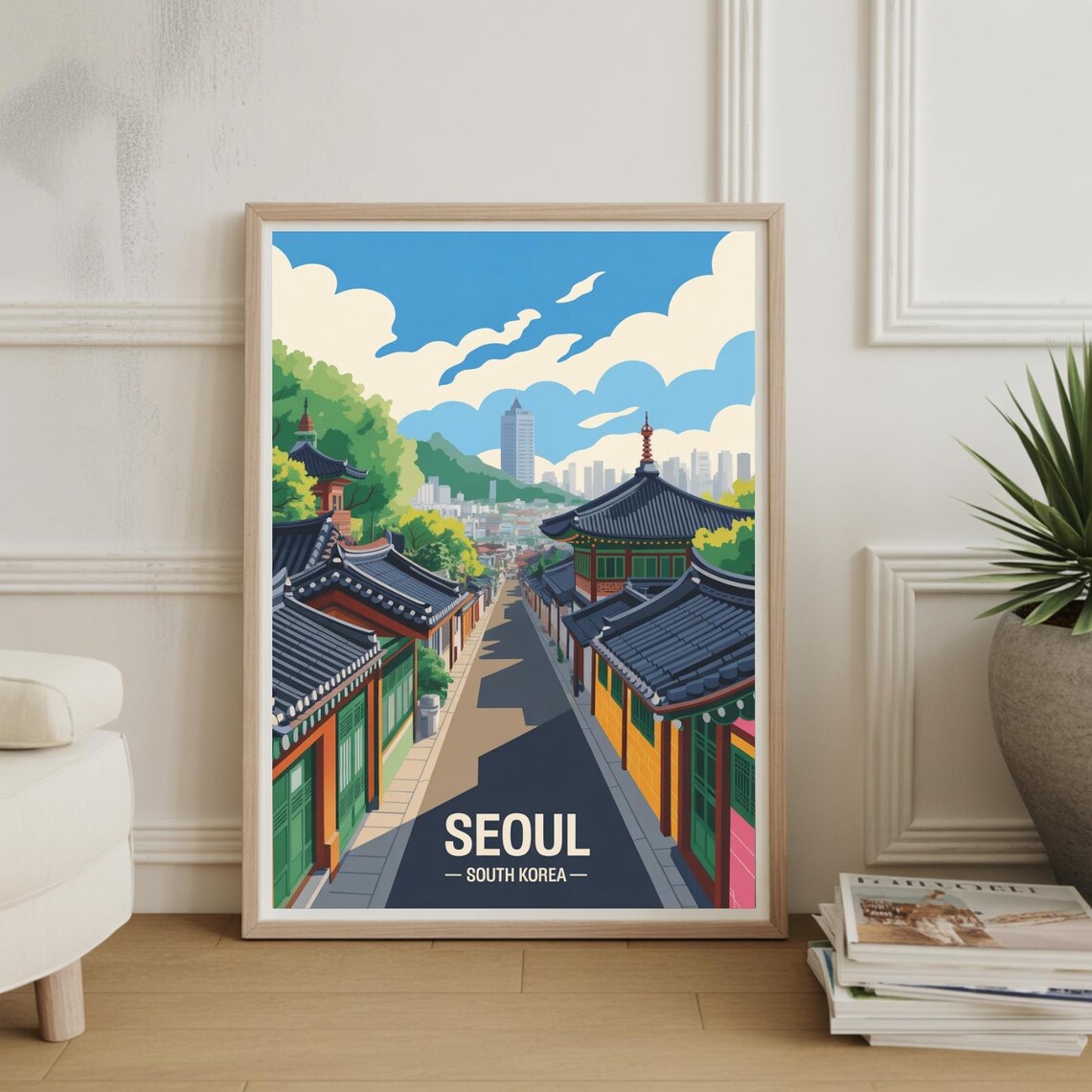 Seoul South Korea Hanok Street Vintage Travel Poster Traditional Roofs