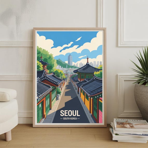 Vintage Seoul Skyline Poster Korea Travel Wall Art Trendy Asian Cityscape Decor Unique Traveler Gift