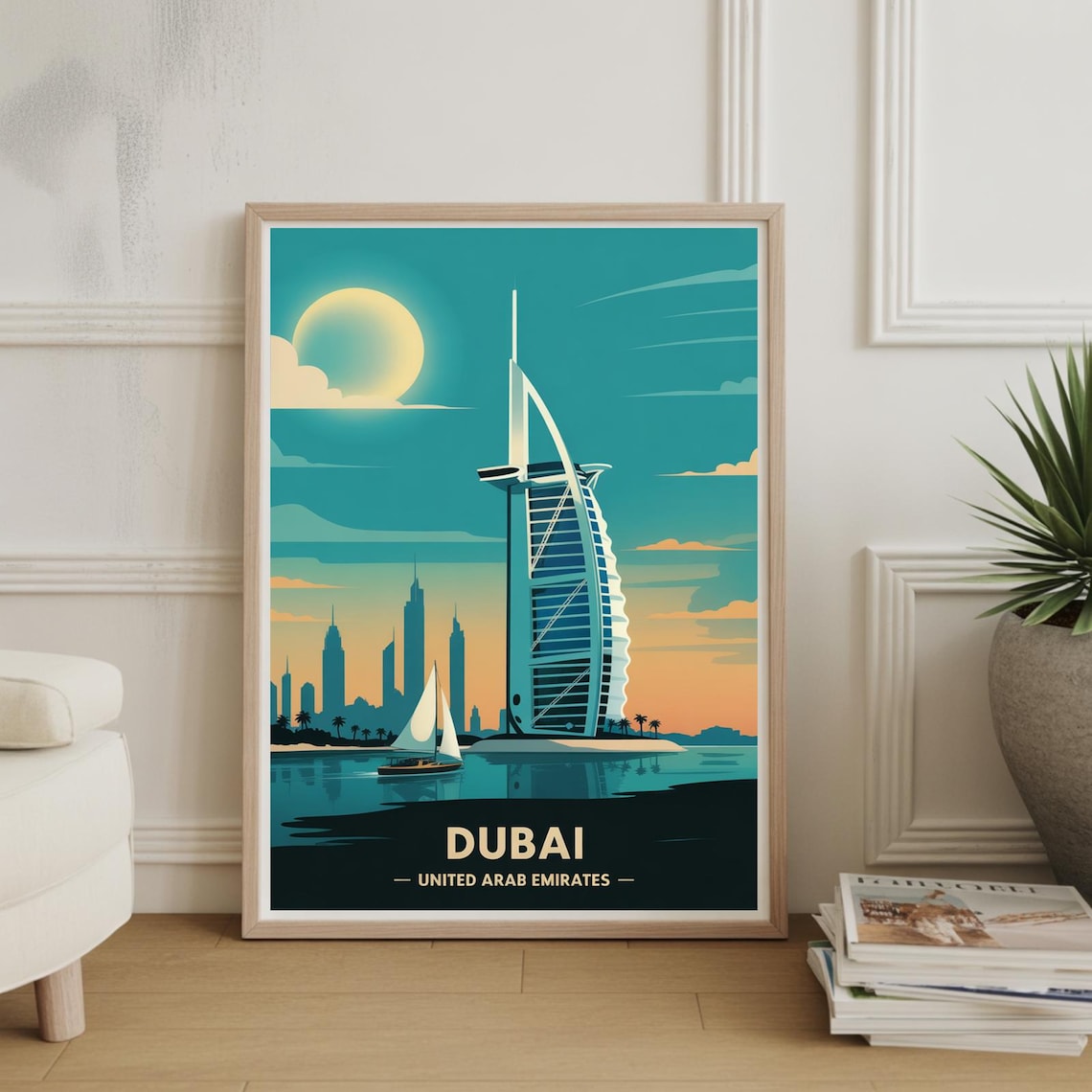 Dubai Burj Al Arab Retro Travel Poster Sail Hotel Skyline Art