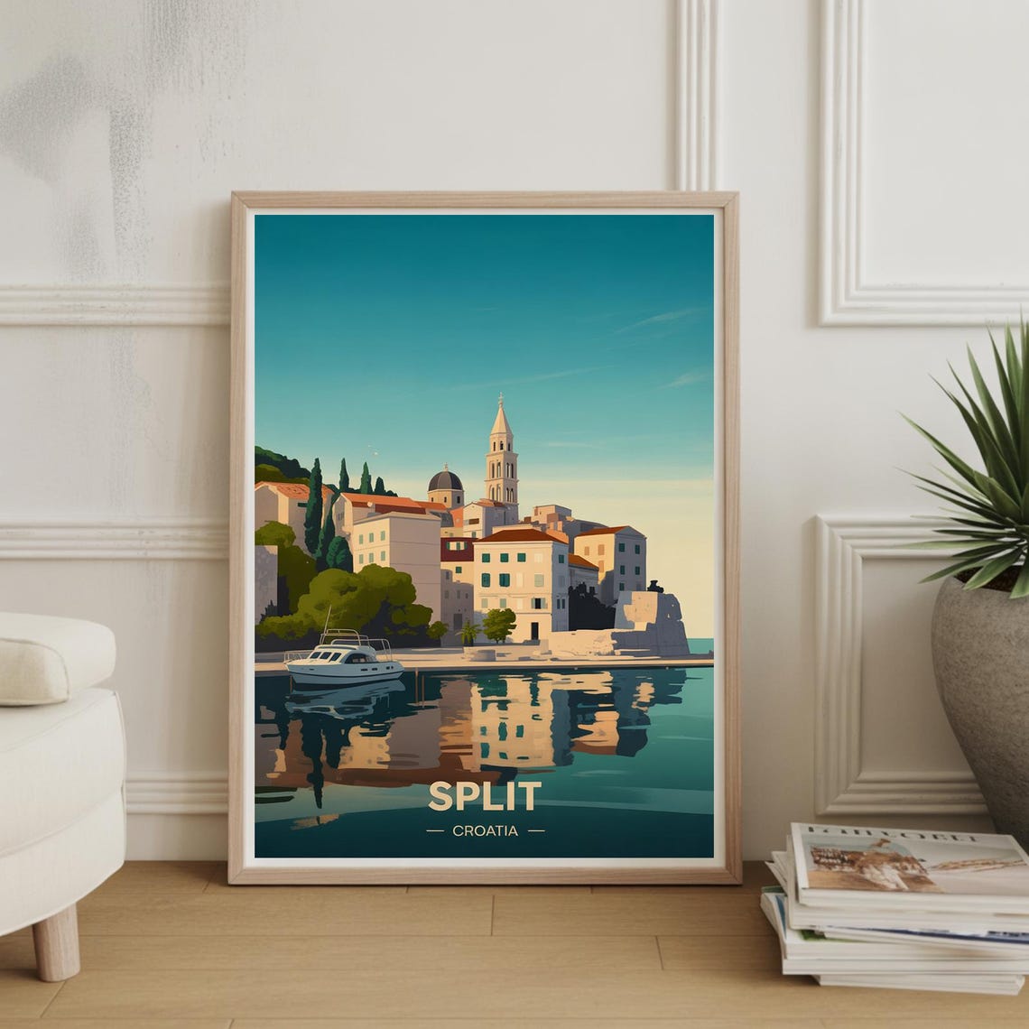Split Croatia Harbor Old Town Retro Coastline Sunset Travel Poster
