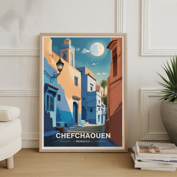 Chefchaouen Morocco Blue City Street Under Moon Vintage Travel Poster