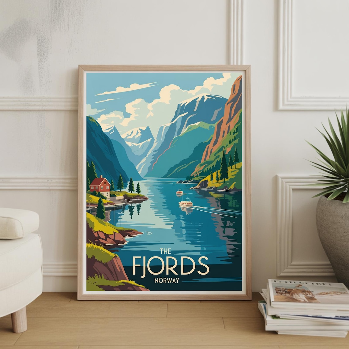 The Fjords Norway Vintage Travel Poster Boats Snowy Mountain Fjord Art