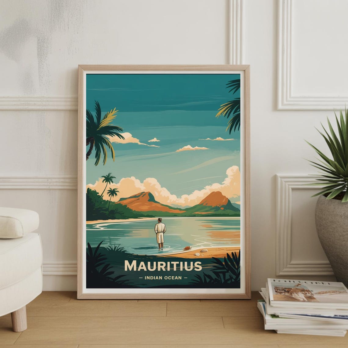 Mauritius Indian Ocean Tropical Beach Palm Trees Retro Travel Poster