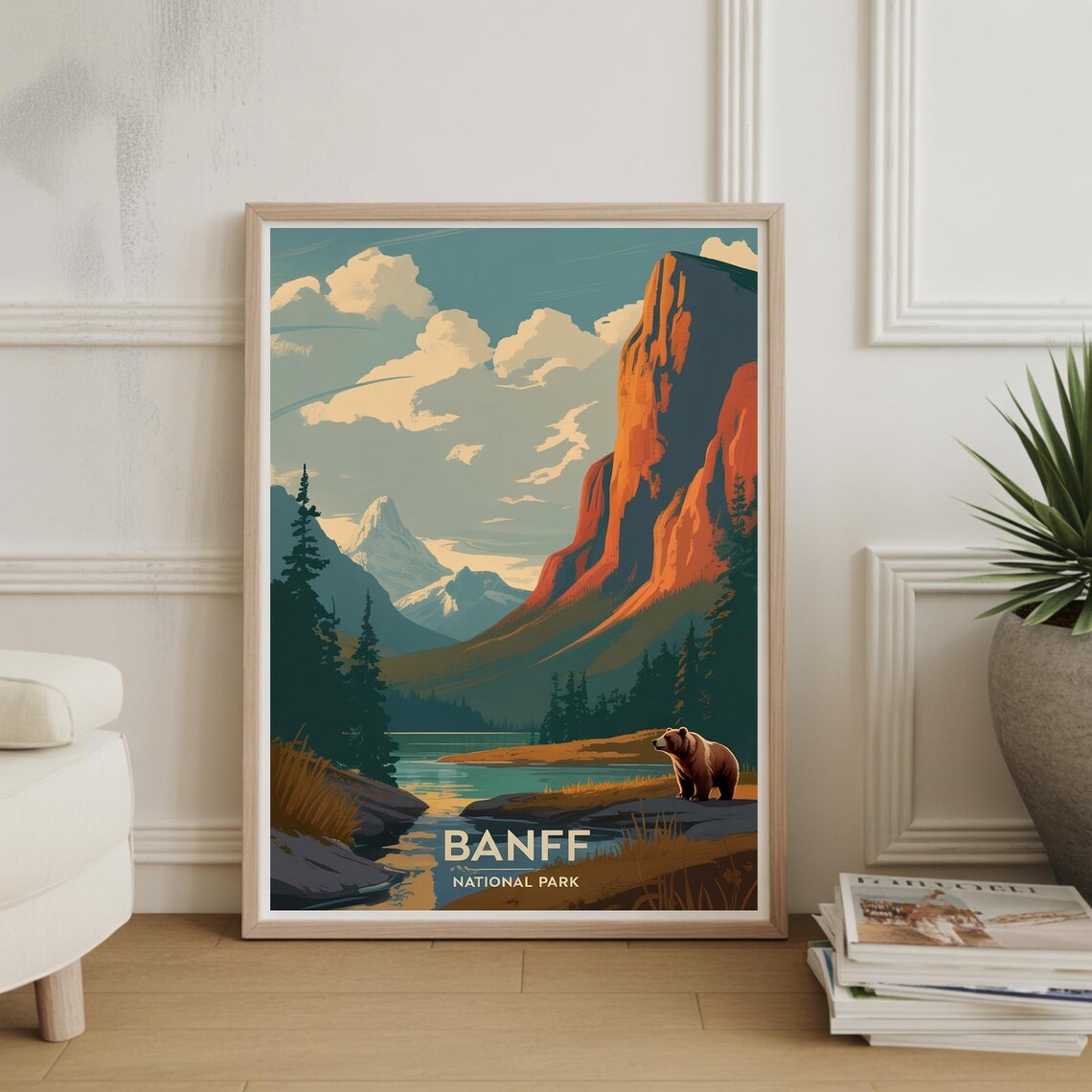Banff National Park Bear Retro Rocky Mountain Lake Canada Travel Poster