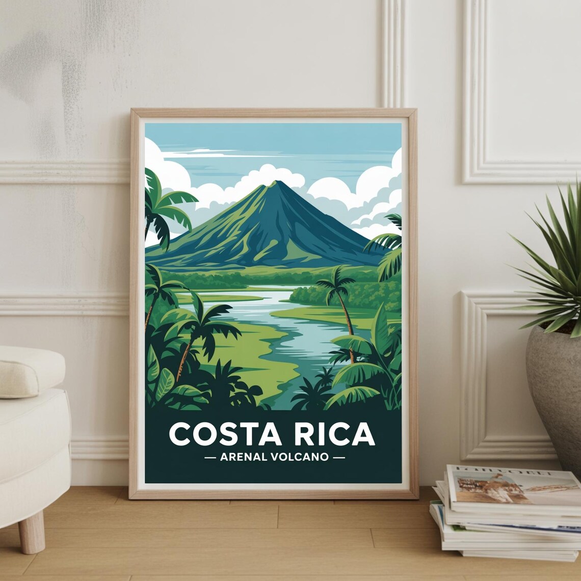 Costa Rica Arenal Volcano Lake Palm Trees Vintage Travel Poster
