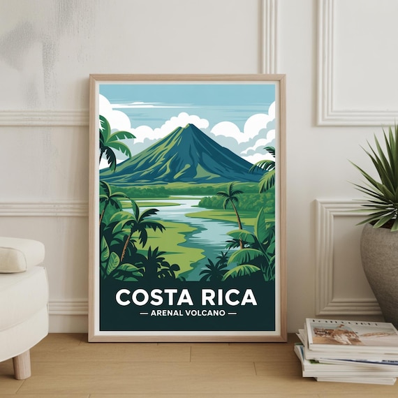 Costa Rica Arenal Volcano Lake Palm Trees Vintage Travel Poster