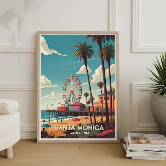 Santa Monica Pier Ferris Wheel Retro California Beach Travel Poster
