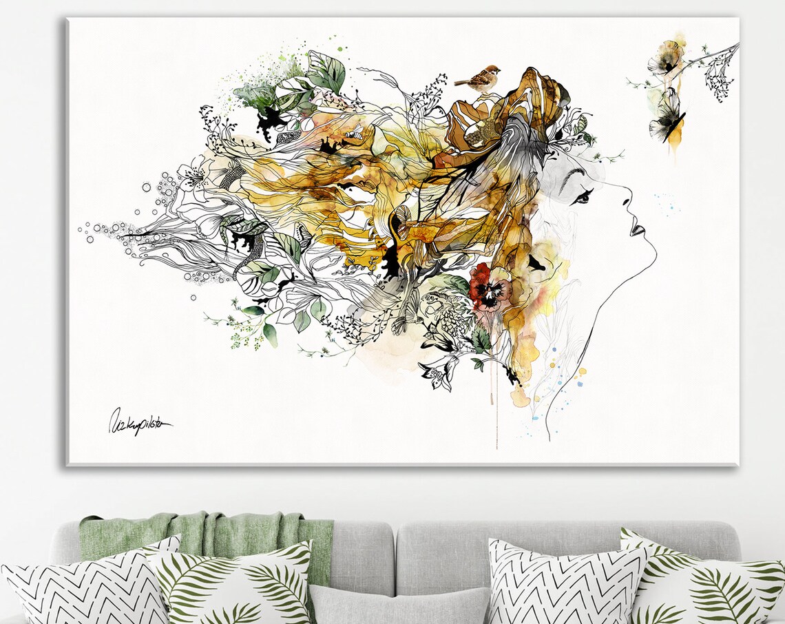 Abstract Woman Painting, Yellow Living Room Art Print