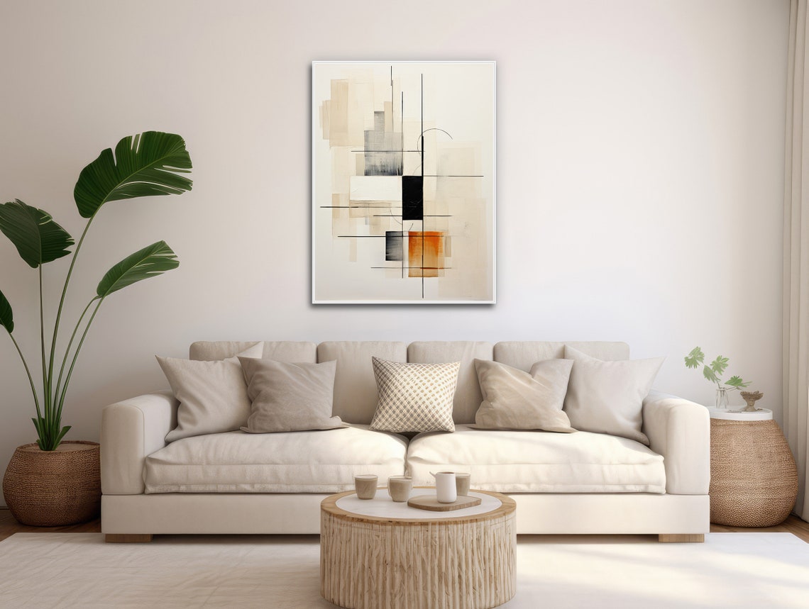 Minimalist Line and Block Neutral Beige Black Abstract Art Poster - Image 3