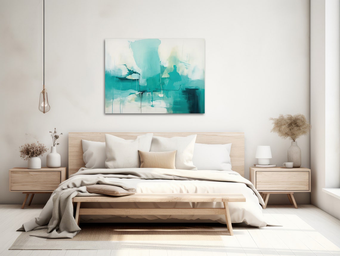 Teal White Abstract Landscape Soft Minimal Modern Coastal Wall Art - Image 2