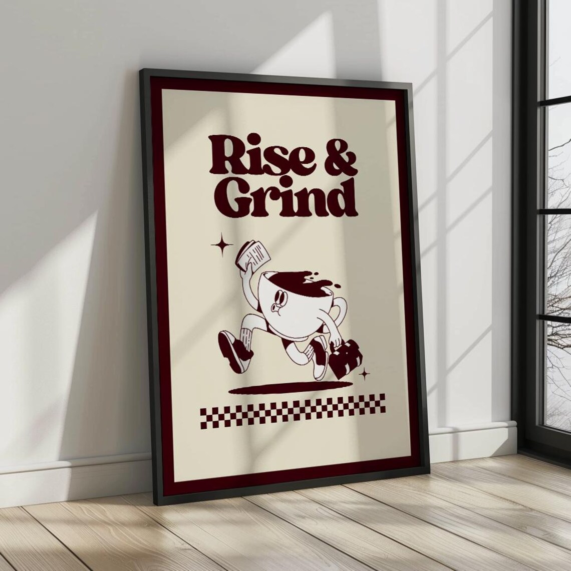 Rise Grind Maroon Coffee Retro Art Print - Image 2