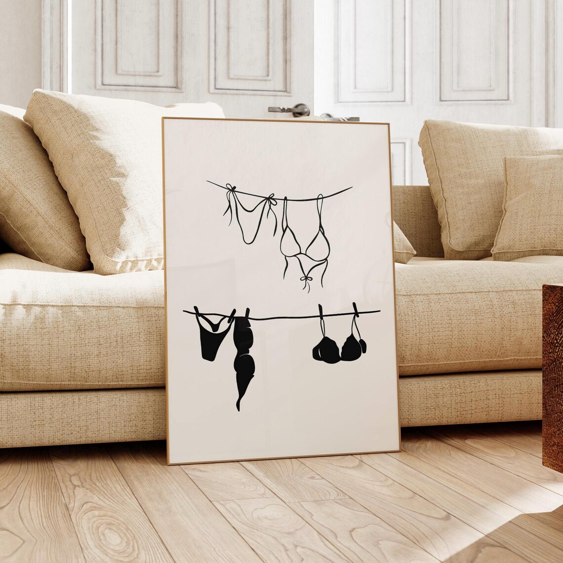 Bikini Clothesline Minimal Line Poster Black and White Coastal Swim Decor