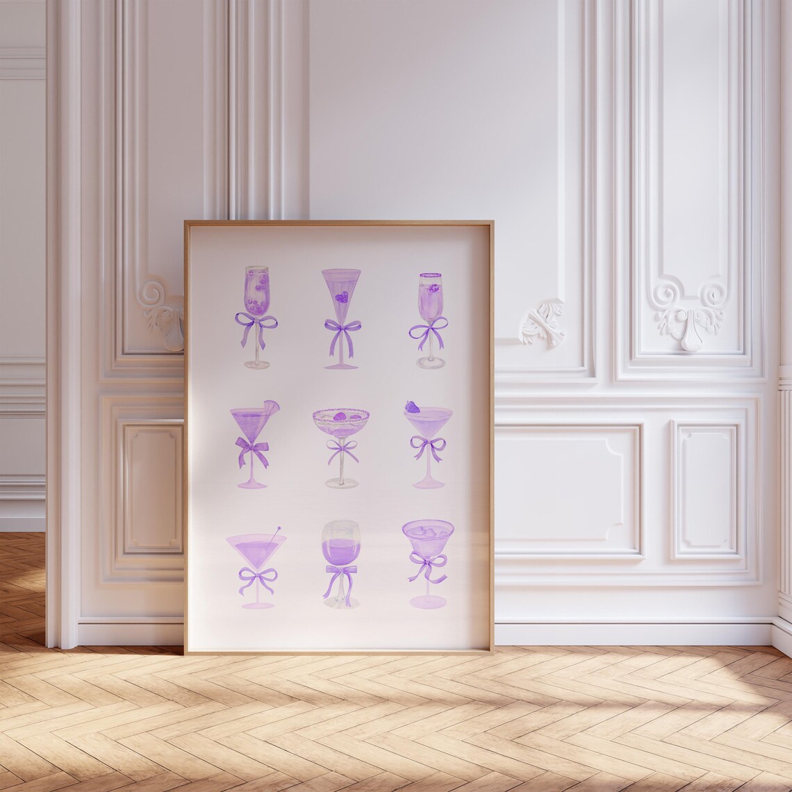 Purple Lilac Cocktail Glasses With Bows Watercolor Bar Cart Poster - Image 2