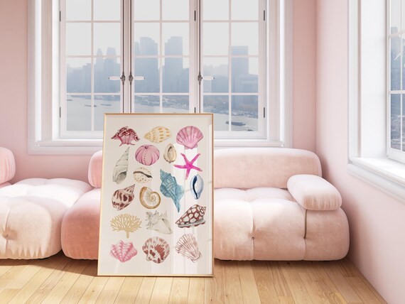 Watercolor Seashells Starfish Coastal Decor Pink Shell Art Poster