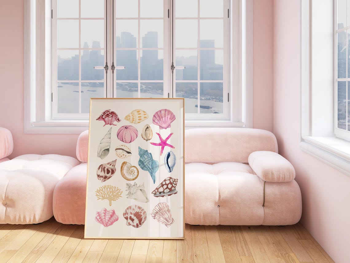 Watercolor Seashells Starfish Coastal Decor Pink Shell Art Poster