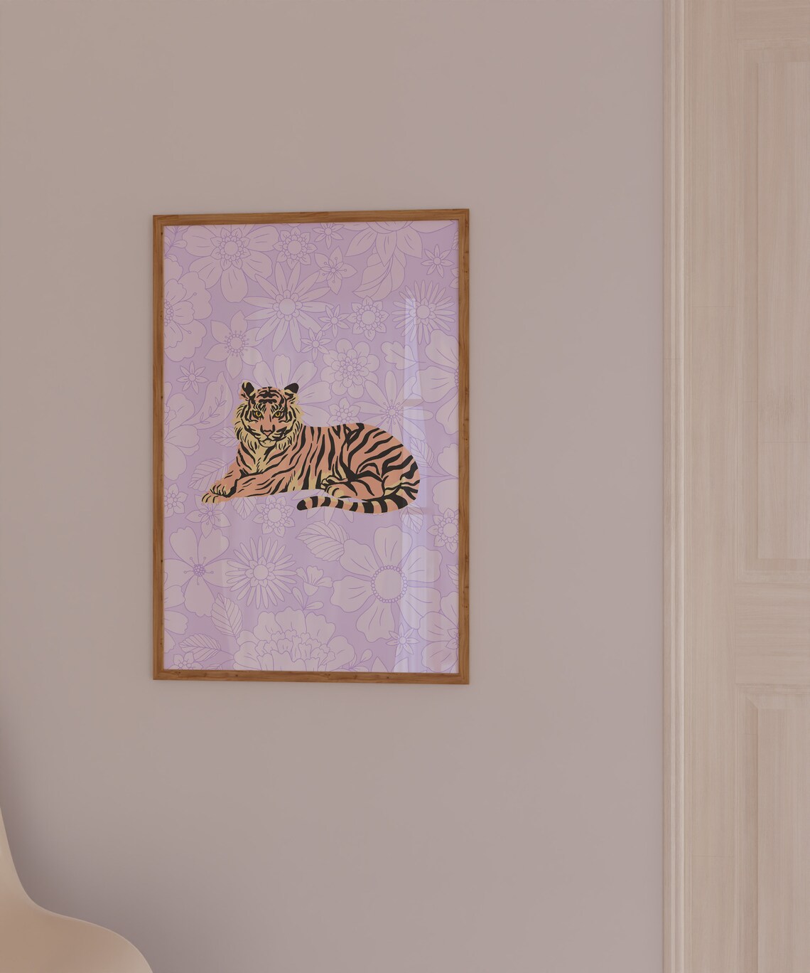 Tiger on Lilac Floral Background Groovy Retro Animal Wall Art - Image 3