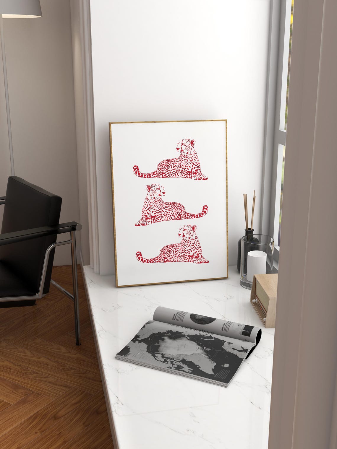 Red Cheetah Trio Reclining Safari Line Art Wall Decor Poster