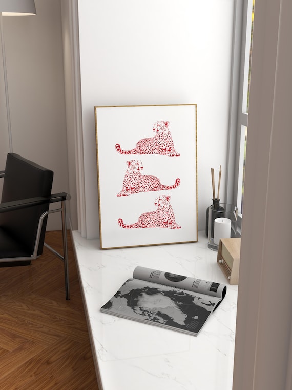 Red Cheetah Trio Reclining Safari Line Art Wall Decor Poster