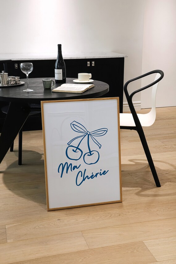 Ma Cherie Blue Cherry Bow French Preppy Coquette Decor Poster