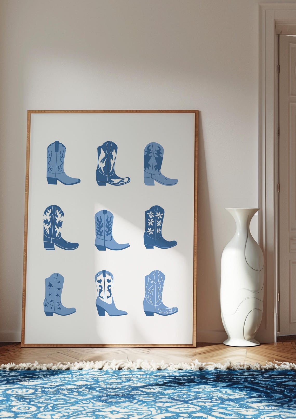 Navy Blue Cowboy Boots Nine Grid Western Trendy Aesthetic Poster - Image 3