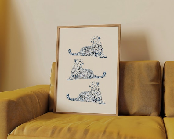 Navy Blue Cheetah Trio Chic Reclining Safari Line Art Poster